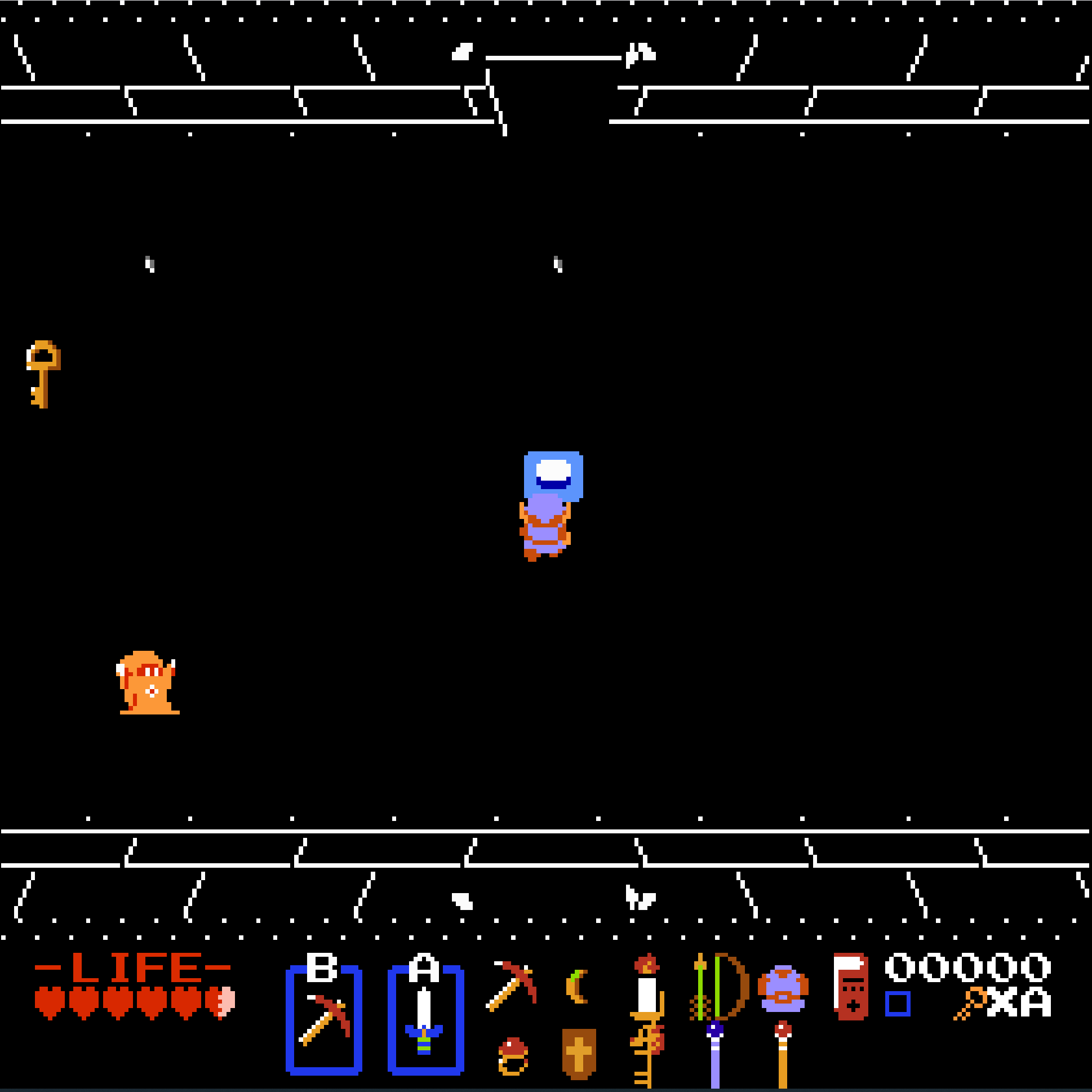 Screenshot of the Tower of Zeldaga showing Link standing in front of a blue button in a dark room.
