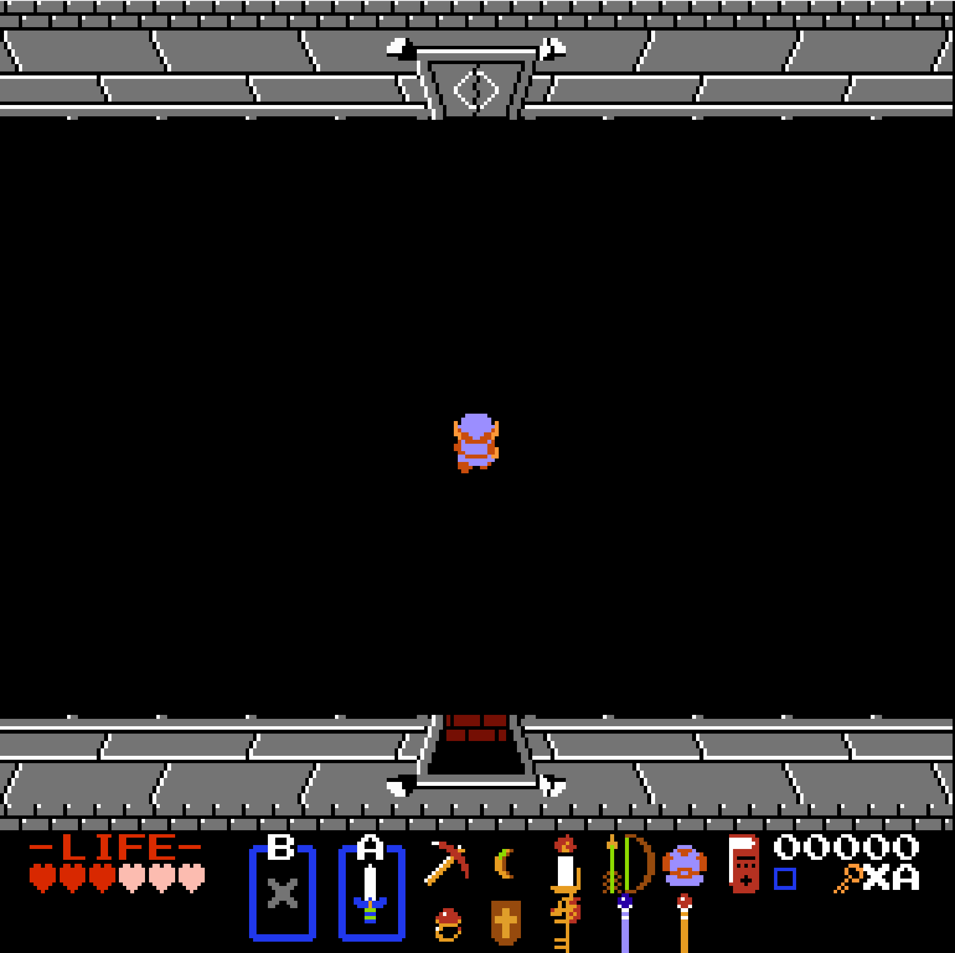 Screenshot of the Tower of Zeldaga showing Linking standing in an empty room with no floor or maze walls, only a sealed door in front of him and the door he entered from behind.