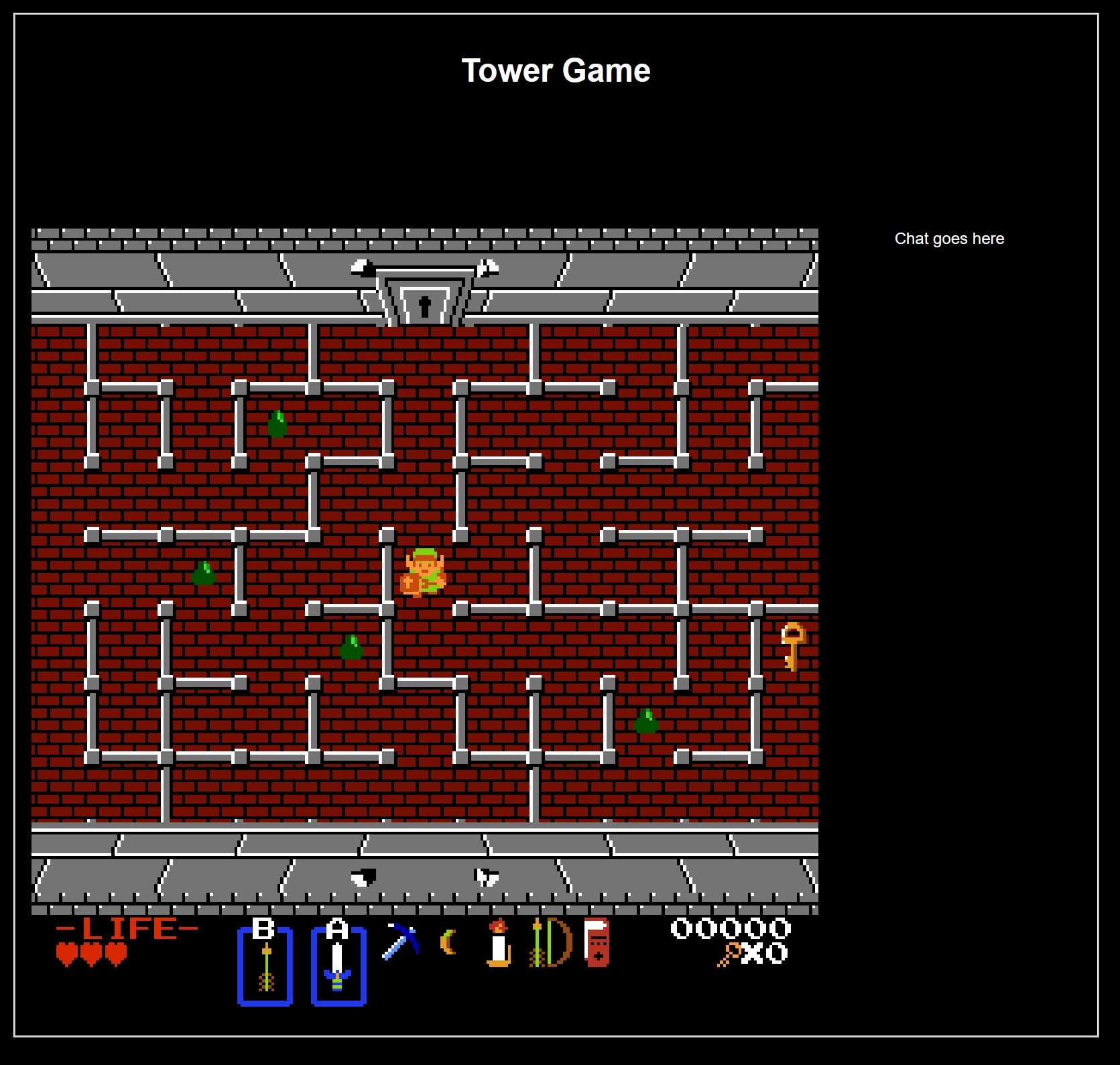 Screenshot of the Tower of Zeldaga. Instead of filling the screen like usual, the game is to the left, with a title saying "Tower Game" up top and a space to the right that says "Chat goes here".
